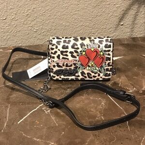 Ed Hardy Crossbody Bag with Leopard and Heart Design